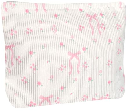 Ksriylm Niedliche Cord Kosmetiktasche, Tragbare Reißverschluss Makeup Bag mit großer Kapazität, Damen Cosmetic Bag für Handtasche zum Aufbewahren von Kosmetik,Rosé Kleine Schleifen Rose