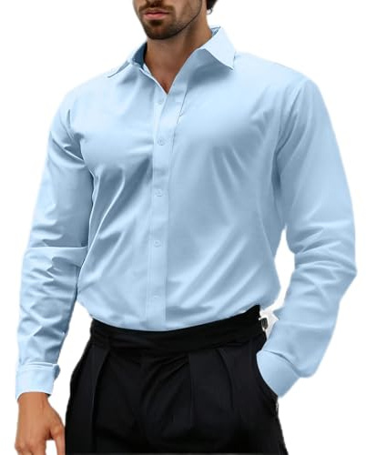 Mrat Men's Dress Shirt Long Sleeve Business Casual Classic Fit Formal Shirt Button Down Lapel Stretch Muscle Regular Fit Tops Work Office Wrinkle Free Tee Shirts Party Wedding UK Size 8-16 Light Blue