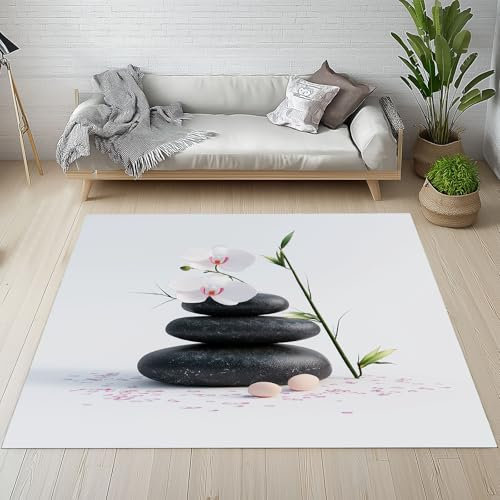 Orchidee Blumen Bambus Teppich 200 X 300 cm, Phalaenopsis Kopfsteinpflaster Teppiche Waschbar Rutschfest Kurzflor Weich, Modern Floral Teppich für Schlafzimmer, Wohnzimmer, Esszimmer, Kinderzimmer