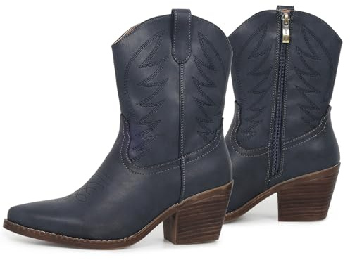 gioanroca Western Cowgirl Ankle Boot for Women with Embroidered Comfy Fashion Vintage Boot Wide Calf Horse Riding Pointed Toe Cowgirl Short Booties, Navy Blue-a, 8 UK