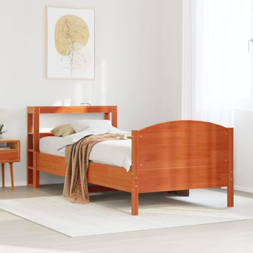 Teenpull Massivt trä, sängram, furu, vaxbrun, 75 x 190 cm plattformssäng utan madrass, stabil med integrerad sänggavel, moderna sovrumsmöbler för vilsam sömn