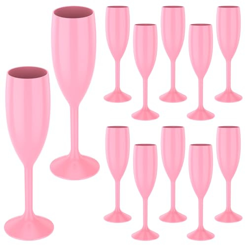 Foppla Plastic Champagne Flute Glass Elegant Easy to Clean Pink Shatterproof Toasting Drinking Cup for Wedding Essentials Anniversary Birthday Party Bridal Shower New Years Eve Catering(12pcs)