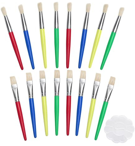 KQDRAVINE 16 Stück Große Pinsel und 12-Farben-Palette, Flache, Runde Pinselset Schule für Jungen und Mädchen Geeignet, Borstenpinsel für Abwaschbare Farbe, Acrylfarbe