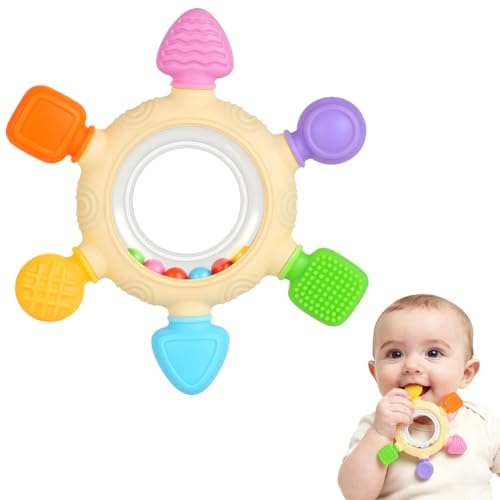 HOTUT Teething Toys for Baby, Silicone Teething Ring for Babies 0-6 6-12 Months, Food Quality Silicone Baby Rattle Teether Sensory Teeting Toys, BPA-Free Chewable Teether, for Boy Girl Infant Gifts