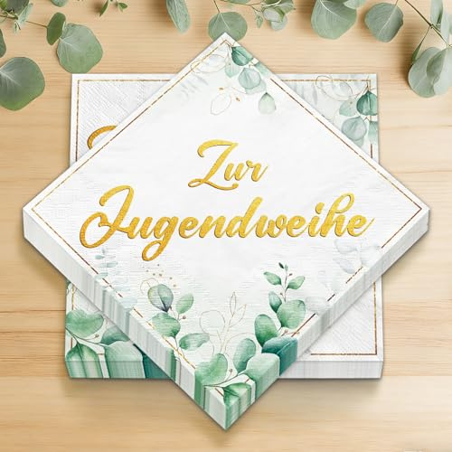 40 Stück Servietten Jugendweihe, Jugendweihe Deko Mädchen Junge, Tischdeko Eukalyptus Grün Gold, Party Deko Geschenke Gastgeschenk, Servietten 33x33cm