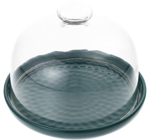 TOYANDONA Plateau à Dessert Rond 15 CM Vert Couvercle en Verre, Assiette à Gâteau en Céramique pour Présentation de Pâtisseries, Plateau de Rangement pour Fêtes et Buffets