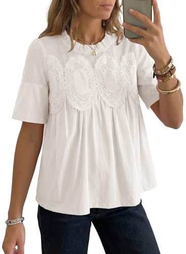 Dokotoo Women Lace Flared Blouse Short Sleeve Crew Neck Flowy Mesh Swing Top Casual Dressy Shirt for Work Office Textured Embroidered Top White Large