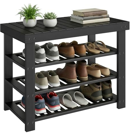 SONGMICS Shoe Rack Bench, 4 Tier Bamboo Shoe Storage Organizer, Entryway Bench, for Living Room, Bathroom, Bedroom, 11.3 x 27.6 x 20.5 Inches, Ink Black ULBS370BH01