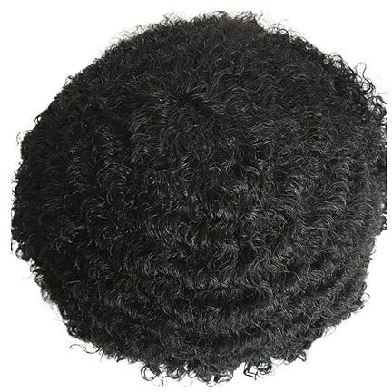 Für Männer Afro-Wellen-Haar-Toupet-Einheit, schwarzes Herren-Toupet, gelocktes Echthaar-Ersatzsystem, Vollspitze-Toupet Perückenkopf(6MM 1B Afro Curly)