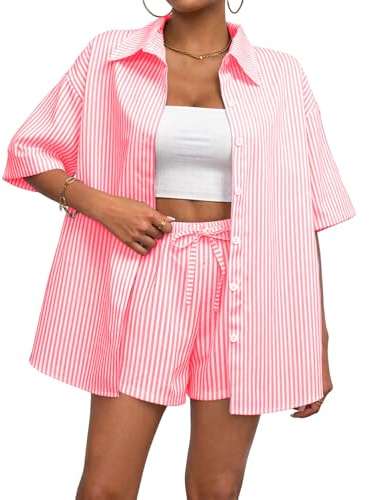 Rayson Ensemble Short Deux Pièces Femme Ete Rayé Survetement Chemise à Manches Courtes et Short à Cordon Tenue Femme Été Vetement pour Casual Plage Travail(Rose, S)