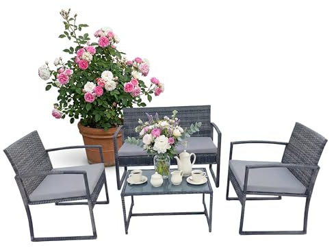 Relaxdays set giardino 4 pz., polyrattan: divano 2 posti, 2 sedie, tavolo vetro, grigio