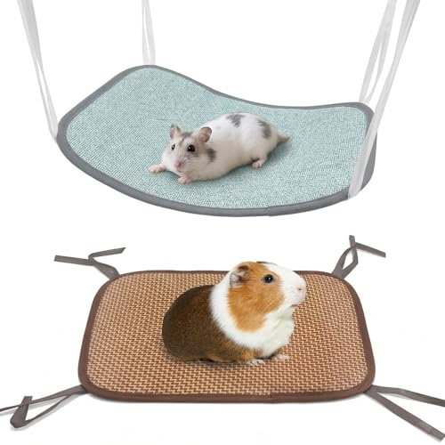 2 Pezzi Amaca in Paglia Intrecciata per Criceti e Piccoli Animali, Letto Sospeso Rinfrescante per Cavie Conigli, 20x30 cm, Verde e Marrone
