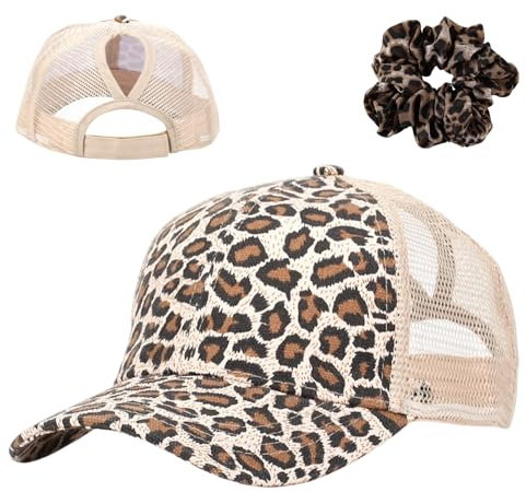 HTTDSLF Baseball Cap Damen Pferdeschwanz, Frauen Kappe mit Netz, Leopard Print Baseballmütze Damen für Sommer Sport