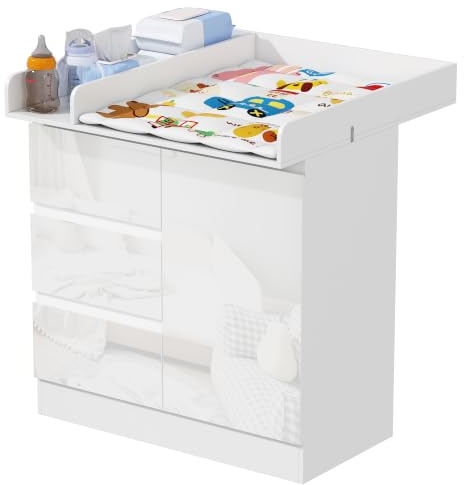 Wumagin Wickelkommode mit Wickelaufsatz, Wickeltisch mit 3 Schubladen, Baby Kommode Abnehmbarem, Babyschrank 88cm Hoch Zum Schutz Der Lenden, Weiße Kinderkommode für Eltern Baby