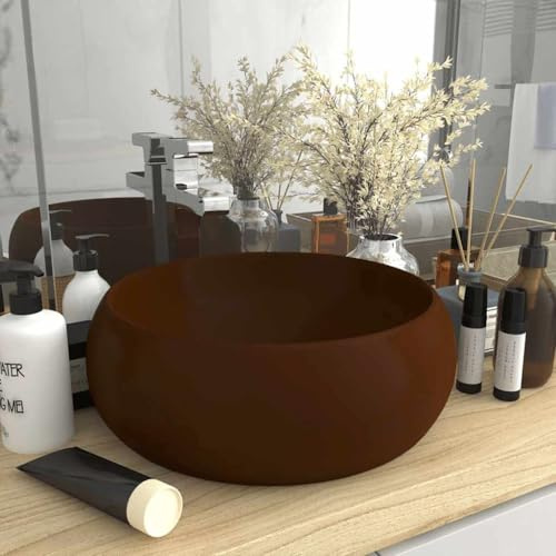 Mangloder - Lavabo rotondo in ceramica marrone scuro opaco, 40 x 15 cm, per bagno, WC degli ospiti, lavandino, sanitari, cucina e mobili da lavandino, con foro di scarico da 4,5 cm