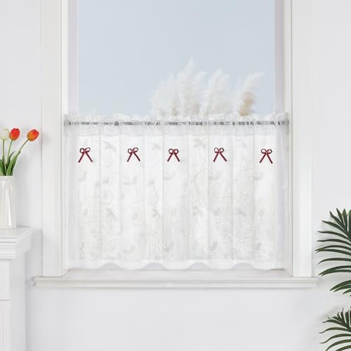 Yujiao Mao Amerikanisches Land Art gestickten Gaze Vorhang Bistrogardine Küchengardine Scheibengardine, BxH 140x60cm, Weiss