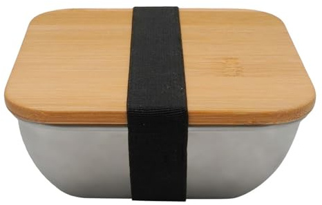 Fackelmann Lunchbox inox micro-ondable 600 ml couvercle bambou | Repas réchauffé facilement, Inox et bois, Format 13 x 13 x 6 cm, Passe au micro-ondes, Nettoyage au lave-vaisselle