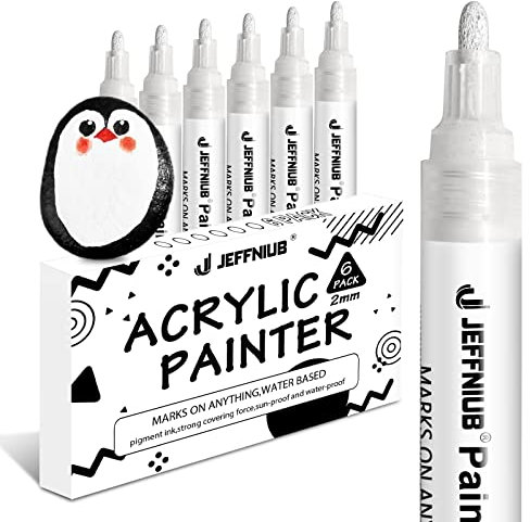 JEFFNIUB Feutre Blanc Pointe Large 2-3mm, 6 Pcs Marqueur Blanc Permanent Feutre Peinture Acrylique Pour Pneu, Galets, Bois, Verre, Metal, Textile Indelebile