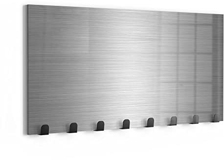 DEQORI Wandgarderobe Glas & Metall | Motiv Gebürstetes Aluminium | 60x30 cm | Design Haken-Leiste modern | Garderoben-Paneel für Flur, Wohnzimmer & Schlafzimmer | magnetisch & beschreibbar