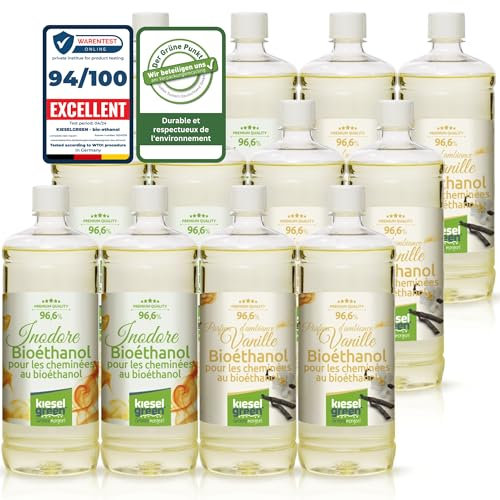 KieselGreen Bioéthanol 12 x 1 Litre Set (6x avec Parfum + 6x Inodore) pour Cheminée à l'éthanol - Bioéthanol comme Parfum - pour Cheminée à l'éthanol Bio intérieur ou feu de Table au Bioéthanol V