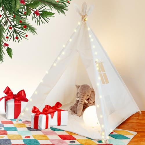 ALRITHO® Tipi Zelt für Kinder aus 100% Baumwolle inkl. Kuschelmatte, Tragetasche & Stabilisator | Spielzelt [weiß] | Spielhaus für drinnen & draußen | Teepee Kinderzelt für Jungen & Mädchen