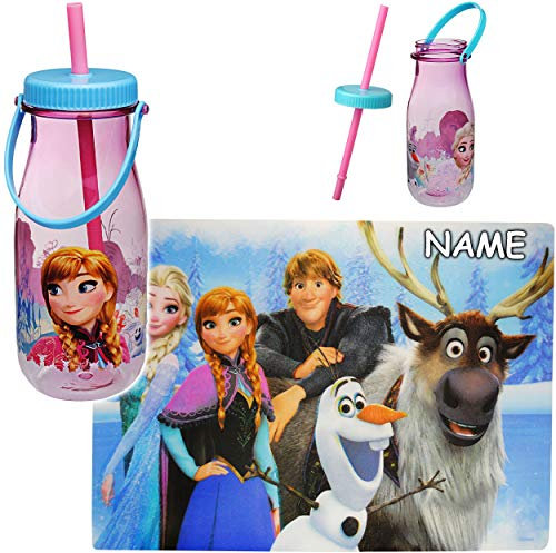 alles-meine.de GmbH 2 TLG. Set - Platzdeckchen + Trinkflasche - Trinkglas - Frozen - die Eiskönigin - inkl. Name - mit Strohhalm & Deckel - BPA frei - Tritan - 420 ml - Kunststof..