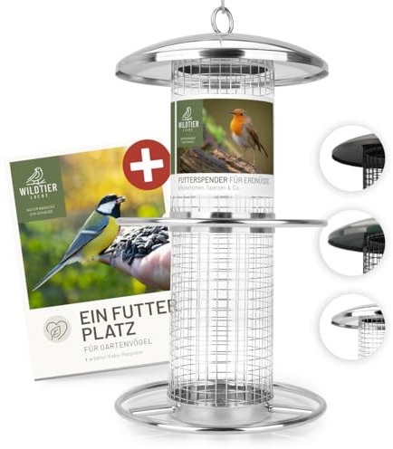 wildtier liebe Vogelfuttersäule Edelstahl 26cm, Silber - Erdnussfutterspender aus rostfreiem Edelstahl, Vogel Futterstation, Futtersäule, Nüsse Erdnüsse, Wildvögel Futtersilo