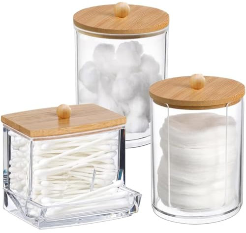 Wnddle Wattepads Behälter Box, 3 Stück Wattestäbchen Halter mit Bambusdeckel Acryl, Acryl Qtip Halter, Wattestäbchen Aufbewahrung, Wattepadspender für Kosmetik, Wattebällchen, Wattestäbchen