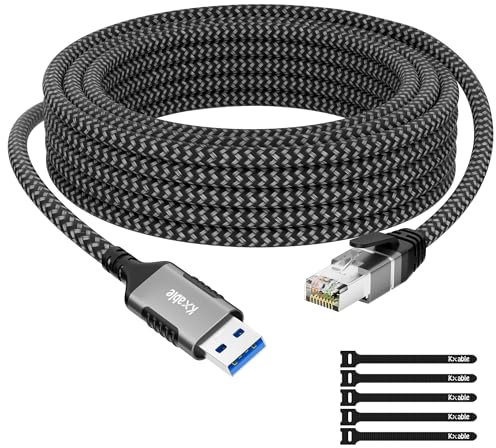 Kxable Cable USB a Ethernet de 25 pies, USB 3.0 A macho a RJ45 macho, conectado directamente, cable de red Gigabit LAN portátil de aluminio para laptop, PC, interruptor, más, trenzado con 5 bridas