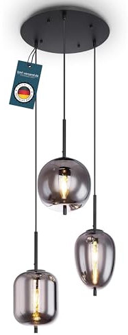 bmf-versand® Rauchglas Hängelampe Esstisch 3-Flammig aus Glas - Moderne Pendelleuchte Schwarz als Wohnzimmerlampe Schlafzimmerlampe hängend - Hängeleuchte Deckenleuchte Flur Esszimmerlampe