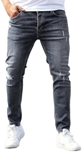 Oanviso Vaqueros Rasgados de Hombre Skinny Denim Jeans Vintage Pantalone con Cremallera Moda Casuales Elasticos Agujero Pantalón Largo Vaqueros Ajustados I Gris L