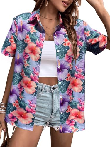 Women's Hawaiian Shirts Floral Tropic Print V Neck Button Down Shirt Summer Hawaii Short Sleeve Blouse Tops M Pink