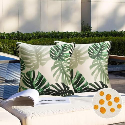 Wasserdichte Kissenbezugen 2 Stück 40 x 40 cm Dekorative Outdoor Kissen Sofakissen Grüne Schildkrötenblätter Deko Kissenbezug Leinen Kissenhülle für Outdoor Balkon Terrasse Patio Garten Bauernhaus
