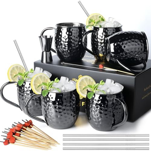 Moscow Mule Tassen, 6 Stück, schwarz, beschichtet, Edelstahl, 530 ml, Doppel-Messbecher, gekühlte Getränke, Cocktailbecher (rund, 6 Stück)
