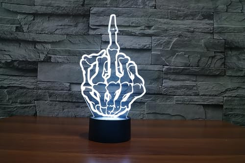 DINOWIN Geste 3D Nachtlicht 3D Illusion Lampe Touch Hand Finger Nachtlichter mit 7 Farben für Home Office Feiertagen Weihnachten Dekoration (Totenkopf Mittelfinger)
