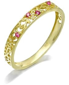Skcess Goldring Damen 585 Echtgold 14K Verlobungsring Damen Rot Korund Runden, Fingerring Damen Filament mit Rotem Korund Ringe Frauen