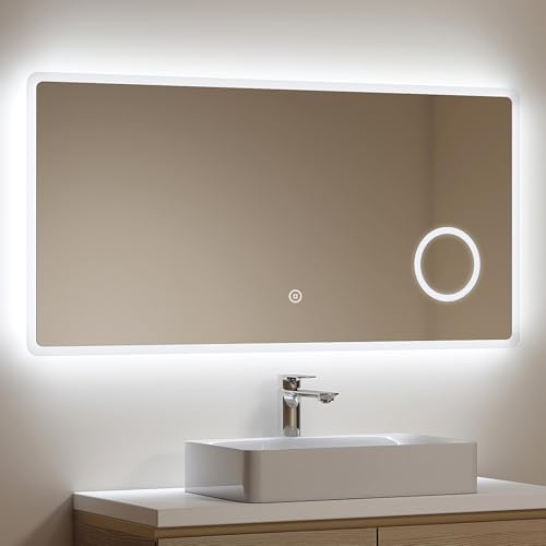 EMKE Badspiegel mit Beleuchtung 120x60 cm LED Badspiegel mit 3X Kosmetikspiegel, Kaltweiß Lichtspiegel 6500K, Touch IP44 energiesparend Badezimmerspiegel mit Beleuchtung