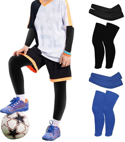 Valcatch 4 Pares de Manga de Tiro de Baloncesto para niño y niña, protección Solar UV, Mangas de Brazo de enfriamiento y Manga de compresión de Pierna para fútbol, Voleibol, Deporte al Aire Libre