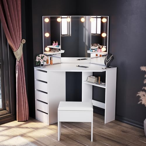 ELEGANT Corner Dressing Table Set with LED Lights, 54x111x142cm | Makeup Desk with 3 Angle Mirror and 5 Drawers, White Corner Desk with Cushioned Stool, Large Storage Vanity Table for Girls