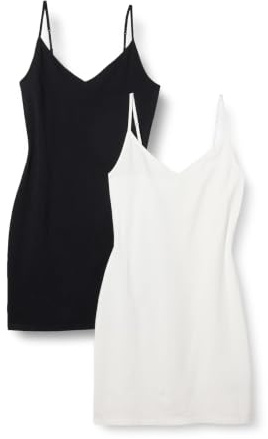 Amazon Essentials Women's V Neck Slim Fit Cotton Layering Slip Dress with Adjustable Elastic Cami Straps, Black/White, XX-Large