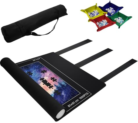 Puzzlematte 1500 Teile 66 × 117 cm – Puzzle Matte Roll mit 3 Fixiergurten, 4 Puzzle Sortierschalen, rutschfeste Puzzleunterlage für 500/1000/1500 Teile, Puzzlerolle mit Tragetasche & Schaumstoffrolle