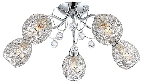 Deckenleuchte Chrom Kristallleuchte Spotleuchte Deckenlampe Kristalle 5 Flammig, Chromgeflecht, 5x E14 Fassungen, DxH 54x22 cm