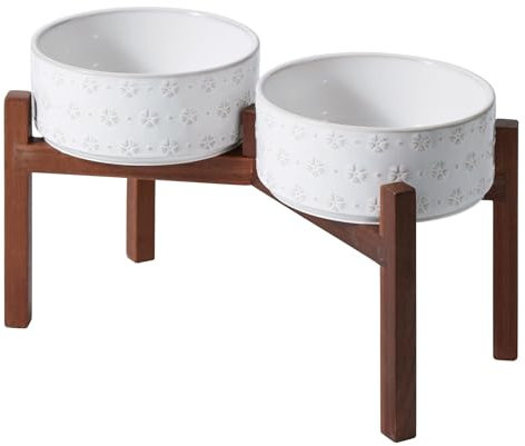 Havniva Keramik 21cm Doppel-Hundenäpfe mit Akazienholzständer, Futter- und Wassernäpfe für Hunde großer Rassen, gewichtete Näpfe für Haustiere (1800ml, arktisches Weiß)