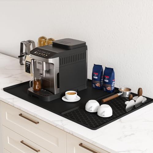 ZICRO Silicone Coffee Mat，Raised Edges Mat Anti Spill with Draining Mat，Non stick Heat Resistant Coffee Bar Mat for Countertop，Dish Drying Mat (Black, 60 x 40 cm)