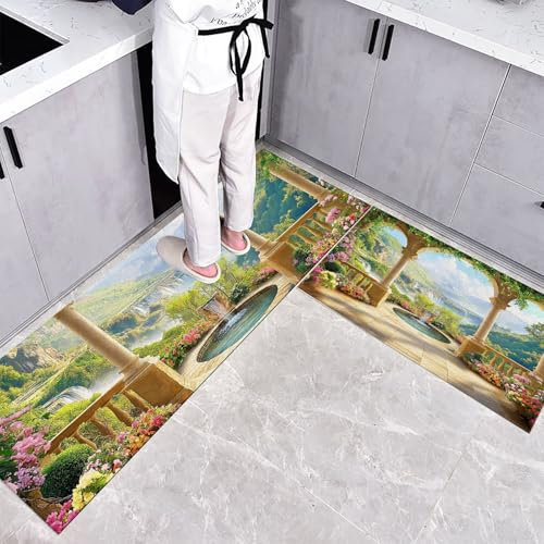 MLSOWM Set di 2 tappetini da cucina antiscivolo, Scenario Naturale lavabili, anti-affaticamento, Fontana Di Fiori per cucina, ufficio, scrivania in piedi camera da letto, bagno40*60+40 * 120CM