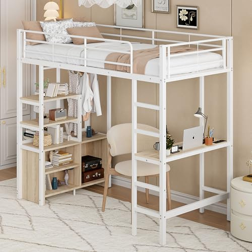 Gxffipw Etagenbett Hochbett 90x200 cm mit USB Steckdose, Kinderbett mit Rausfallschutz und Leiter, Bett mit Stauraum und Schreibtische, Einzelbett Bettgestell mit Metallrahmen, Weiß, Ohne Matratze