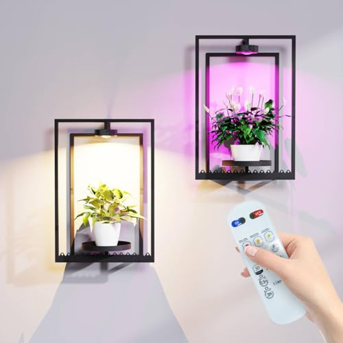 Frame Wall Plant Stand Indoor, Metal Wall Planters Holders with Remote Grow Light, Picture Frame Plant Shelves Wall Decor for Bedroom Bathroom Living Room Home Office (2, Medium)