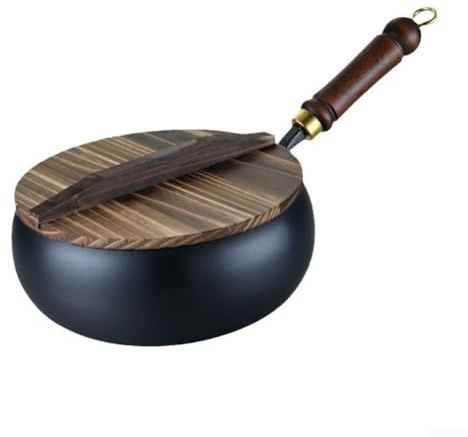 YJDOORPLAY Poêle à frire en fer forgé à la main traditionnelle noire – Wok non revêtue – pour sauter la cuisine (casserole de 28 cm + couvercle en bois)