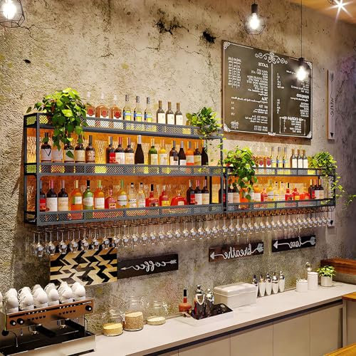 Porte-Bouteille Mural LED avec étagère Murale Verre à vin, Casier à vin en métal Design Industriel, Installation Simple, pour Salon, Salle à Manger, Bar à vin ou Cave à vin (Noir, 80x25x54)