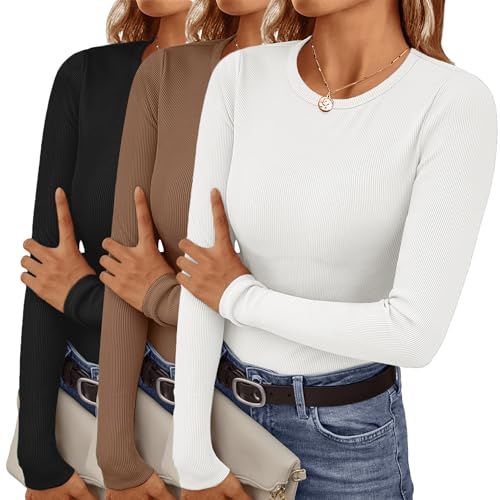 Ekouaer Langarmshirt Damen Rundhlas Basic Tops Unterhemd Layer Tee Warm Thermo Oberteil Slim Fit 3 Pack, S-XXL